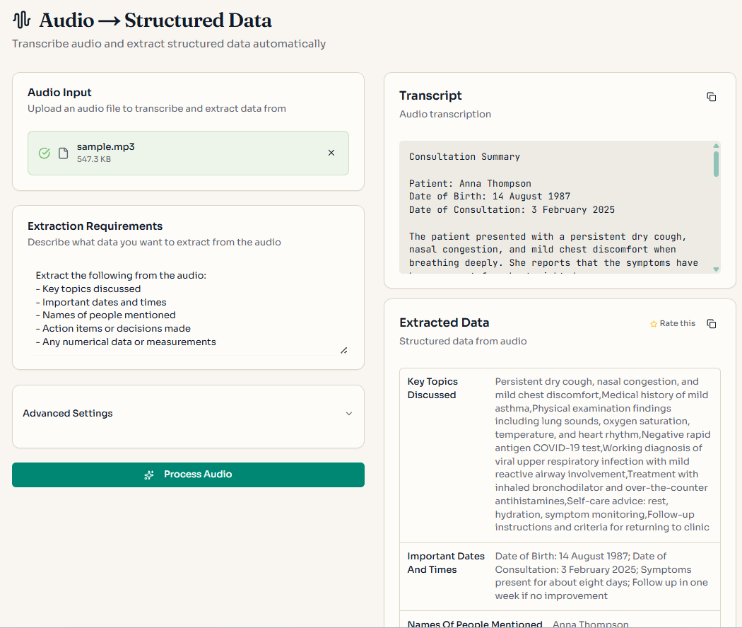 Audio to Structured Demo