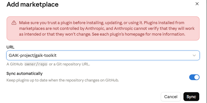 Claude's Add marketplace dialog with GAIK-project/gaik-toolkit entered