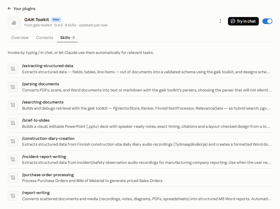 The GAIK Toolkit plugin in Claude with its skills