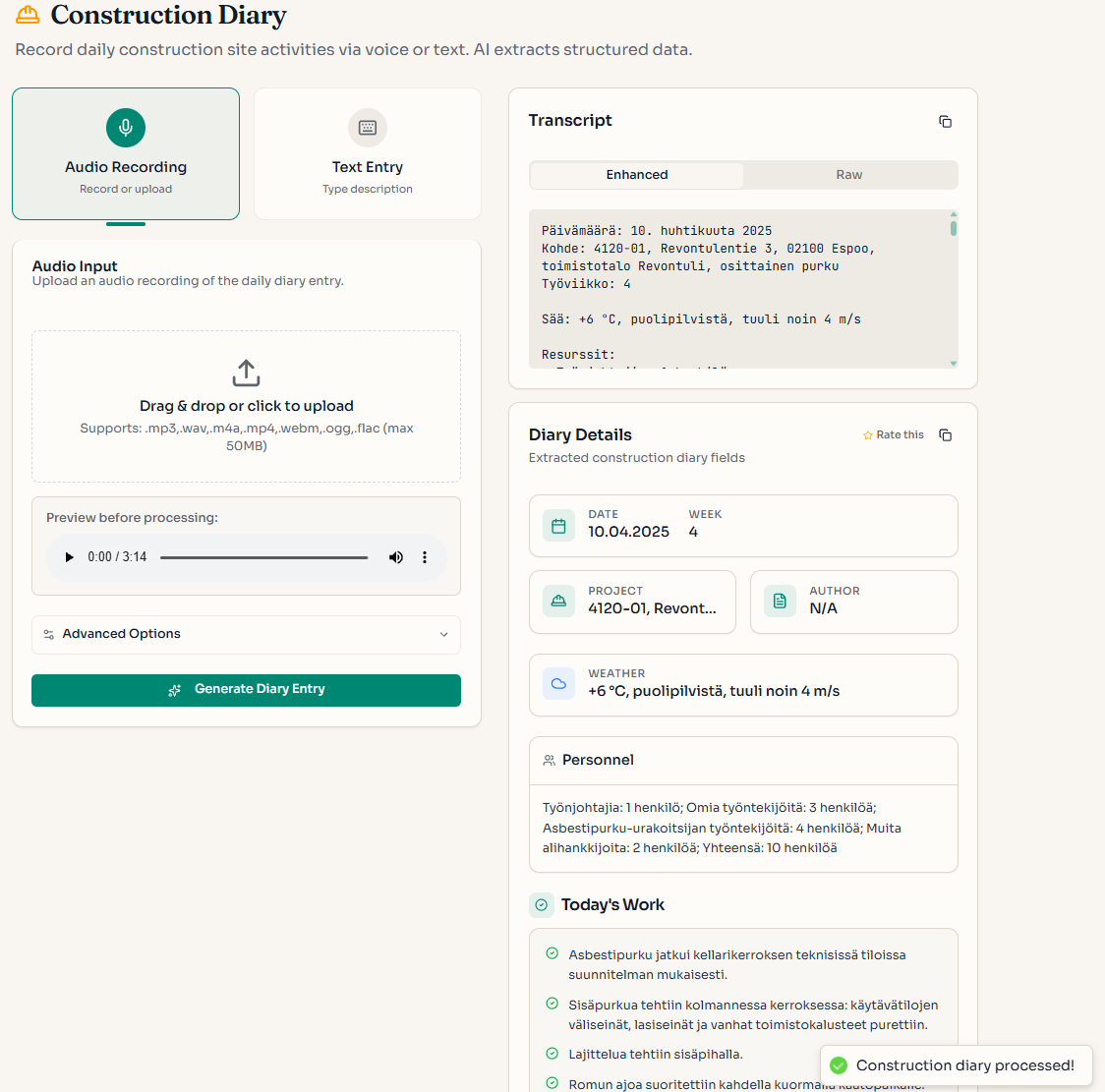 Construction Diary Demo
