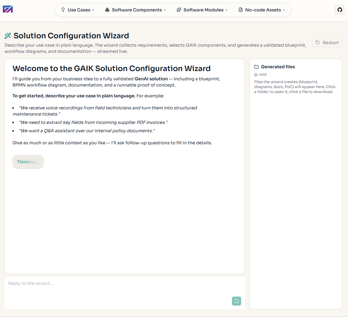 Solution Configuration Wizard web interface — streaming chat with generated files sidebar