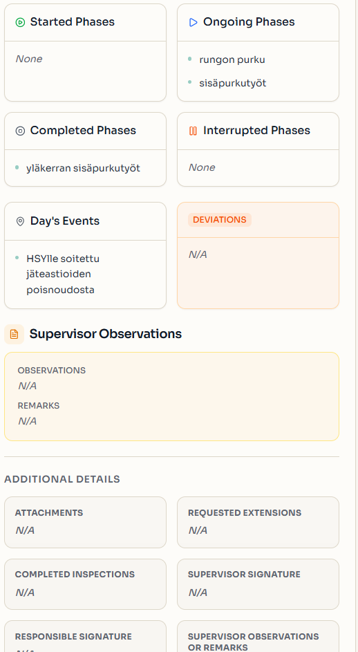Construction site diary demo: structured diary entry output