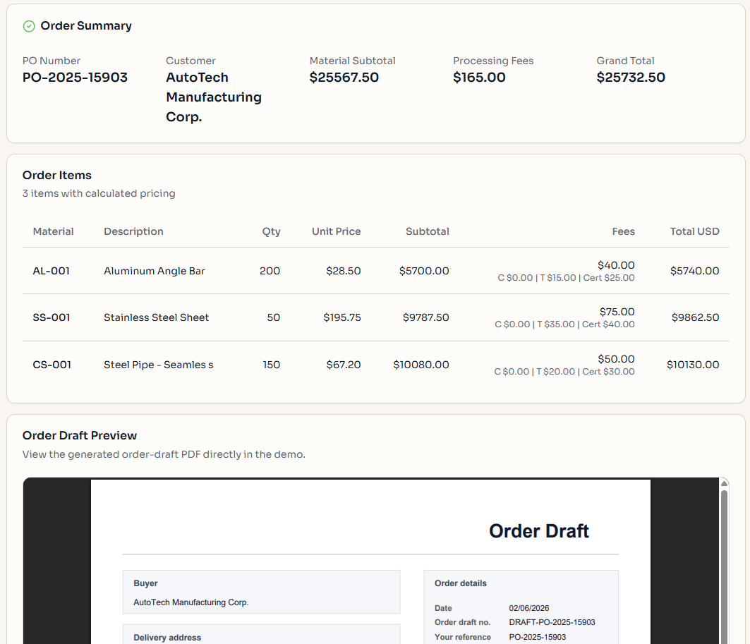 Purchase order processing demo: order summary with calculated line items and sales order draft preview