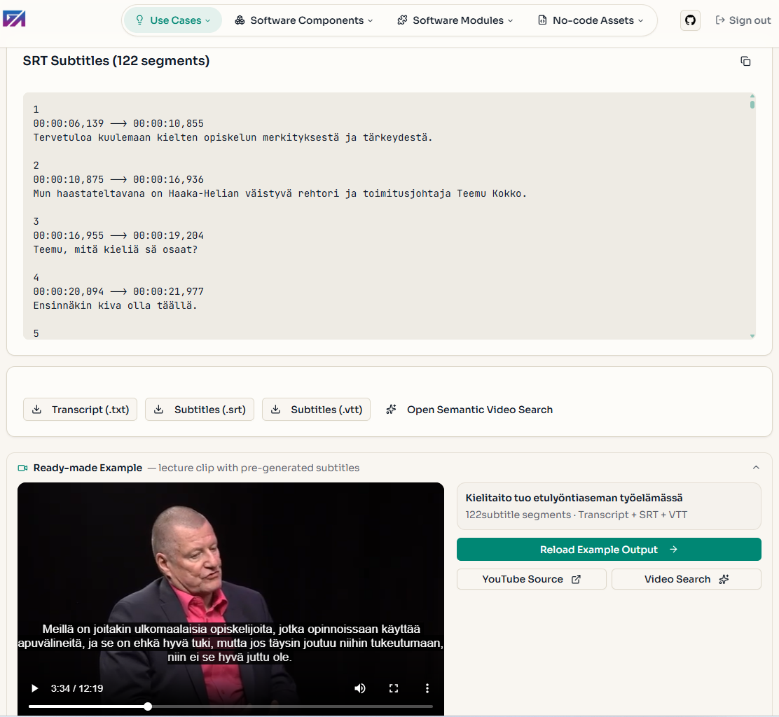 Transcription and translation demo: SRT subtitle output with video player